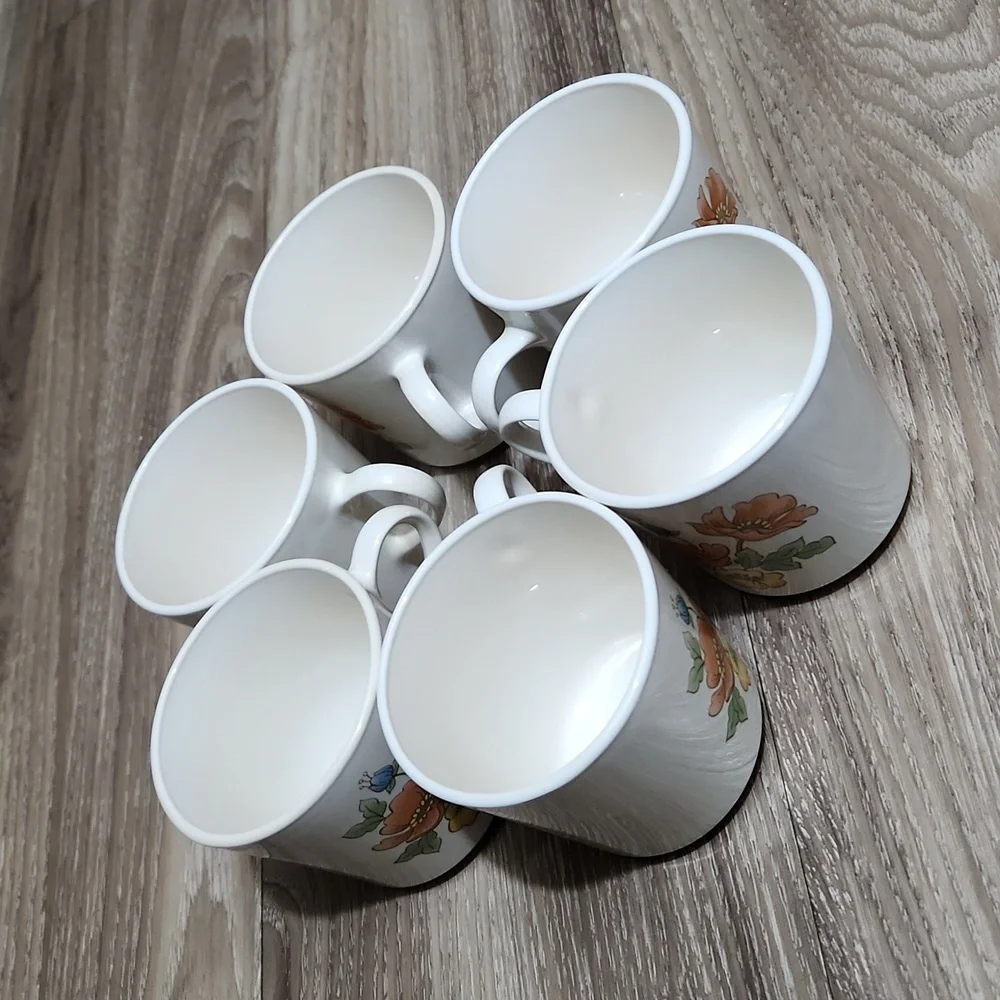 70's Corning Cornerstone Vintage Royal Garden 6 Piece Ceramic Mug Set Floral VTG